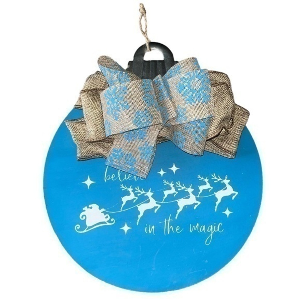 Big Wooden Blue Baby “Believe in the Magic” Christmas Winter Door Sign Wreath